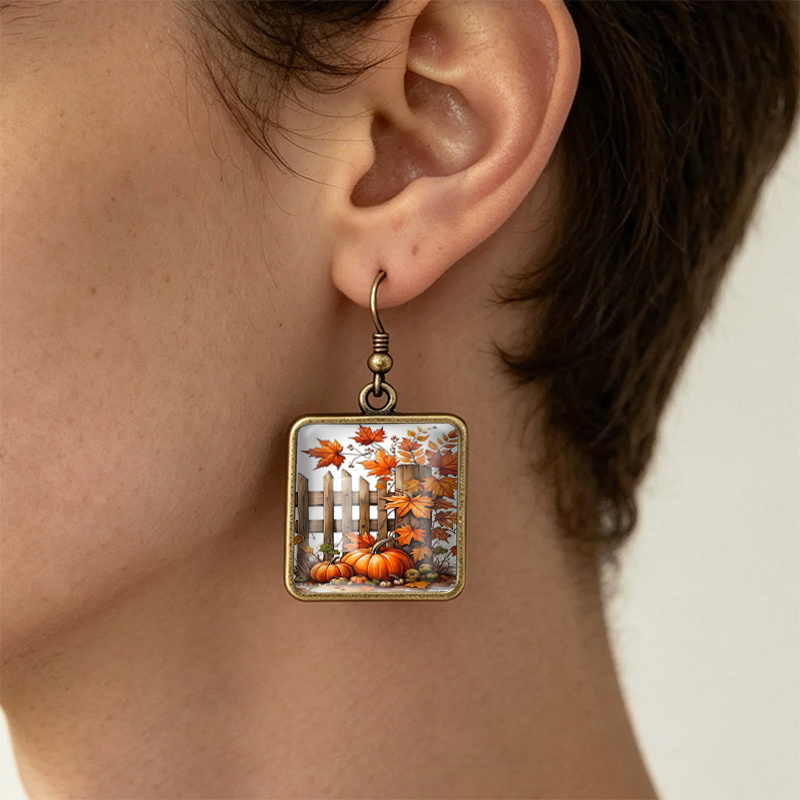 Unisex Autumn Pumpkin Maple Leaf Square Hook Hanging Earrings
